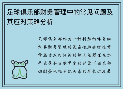 足球俱乐部财务管理中的常见问题及其应对策略分析